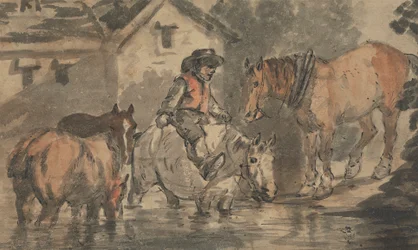 Hombre abrevando cuatro caballos