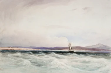 El buque de investigación HMS "Beagle" entra en Berkeley Sound, Islas Malvinas.