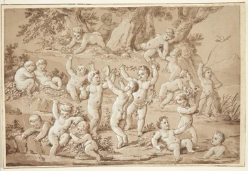 Un gran grupo de putti jugando contentos junto a un arroyo