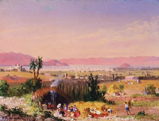 Una vista de la Ciudad de México con un campamento