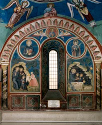Diferentes episodios de la vida de San Benito de Nursia: a la izquierda una mujer le ofrece un pan envenenado a San Benito, a la derecha un cuervo toma el pan y salva a San Benito. Fresco del Maestro Consolo (siglo XIII) Iglesia Inferior del Monasterio de