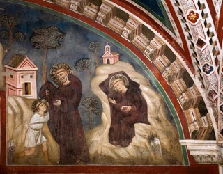 El monje Romano pasó el hábito al joven Benito de Nursia en la región de Subiaco, se retiró a una cueva. Fresco del Maestro Consolo (siglo XIII) Iglesia Inferior. Monasterio de San Benedetto (Sacro Speco), Subiaco (Roma), Italia