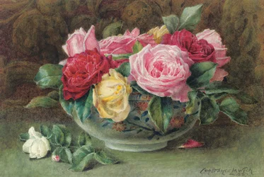 Naturaleza muerta con un cuenco de rosas rosas, amarillas y rojas, 1883