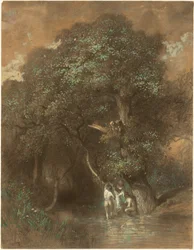 Bañistas junto a un roble gigante, c.1842-1844 (carboncillo sobre papel)