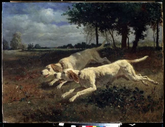 Perros corriendo. Pintura de Constant Troyon (1810-1865). Óleo sobre lienzo, 75 x 11 cm