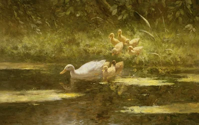 Pato con patitos en la orilla del río (óleo sobre lienzo)