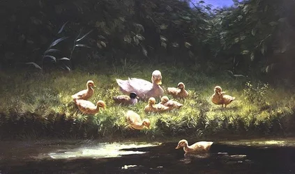 Patitos a la orilla del río (óleo sobre lienzo)