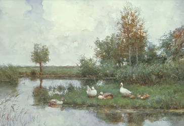 Patos en un paisaje fluvial (óleo sobre lienzo)