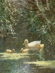 Madre pato con patitos en el agua (óleo sobre lienzo)e