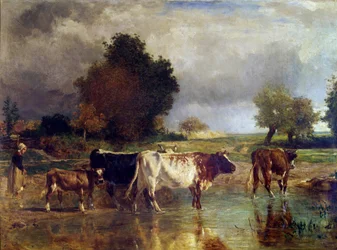 Vaca y ternero en el estanque o el abrevadero. Pintura de Constant Troyon (1810-1865) siglo XIX
