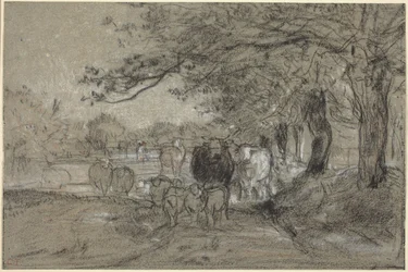 Vacas y ovejas bajo los árboles