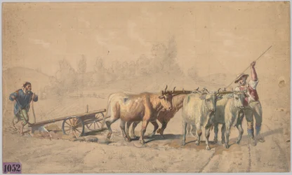 Cuatro bueyes tirando de un arado, 1853