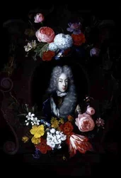 Retrato de un hombre rodeado por una guirnalda de flores