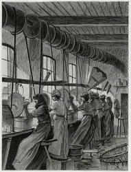 Un taller de mujeres en la cristalería de Val Saint Lambert. Grabado de C.Meunier para ilustrar la historia “La Belgique”, de Camille Lemonnier (1844-1913), escritor y crítico de arte.