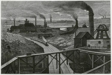 Minería de carbón y terriles (aspectos de la región boraine). Grabado por Constant Meunier, para ilustrar la historia "Bélgica", por Camille Lemonnier (1844-1913) escritor belga. Publicado en Le Tour du monde, nuevo diario de viajes, 2º semestre 1884