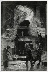 La fundición de acero en los establecimientos Cockerill en Seraing. Grabado de C.Meunier para ilustrar la historia “La Belgique”, de Camille Lemonnier (1844-1913), escritor y crítico de arte.