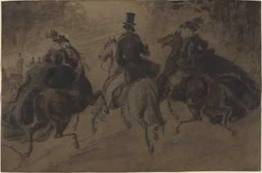 Caballero y dos damas a caballo