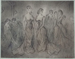 Escena interior de un burdel, mujeres y hombres, hacia 1875