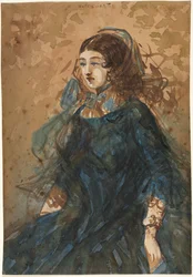Mujer con vestido azul (recto), Escena de campamento de guerra (verso)