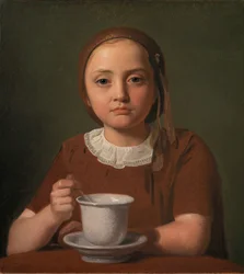 Niña pequeña, Elise Købke, con una taza frente a ella, 1850