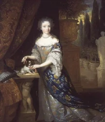 Retrato de una dama con un perrito sentada en un pedestal, c.1690