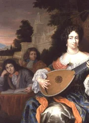 Una mujer tocando un laúd, con sus dos hijos detrás