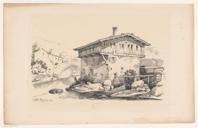 Casa con molino de agua en pueblo de montaña El paisaje (título de la serie)