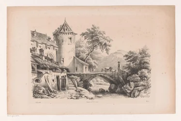 Casas y puente en paisaje de montaña El paisaje (título de la serie)