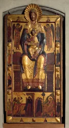 Virgen en el trono con el niño, dos ángeles, los apóstoles. La Anunciación y las santas mujeres en el sepulcro. Bajo relieve de madera policromada