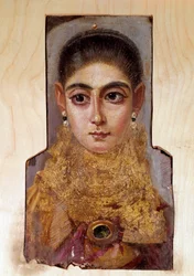 Arte copto: joven mujer llamada Fayoum (alrededor de 160 d.C.) Pintura de cera sobre madera. París, Museo del Louvre