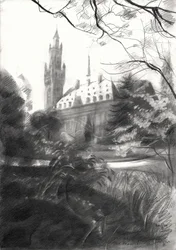 Vista del parque del castillo gótico
