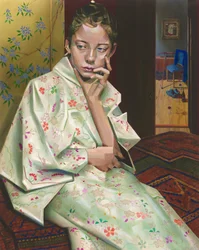 Chica del kimono pensativa