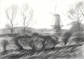 Dibujo de un molino de viento en invierno