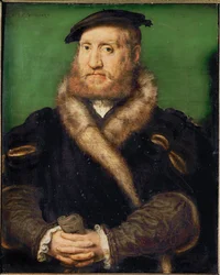Retrato de un hombre barbudo con abrigo de piel (pintura sobre roble)