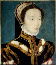 Retrato de Juana de Halluin o Juana de Halluyn (nacida en 1530), Dama de Honor de la Reina Catalina de Médicis (Caterina de Medici) de 1547 a 1557. Pintura de Corneille De Lyon (Corneille de La Haya) (1500/1510-1574). Óleo sobre madera. Dim: 0,14 x 0,21m. 