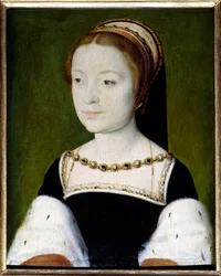 Retrato de Magdalena de Francia (1443-1495), hija mayor de Francisco I, Reina de Escocia, primera esposa de Jacobo V. Pintura de Corneille De Lyon (Corneille de La Haya) (1500/1510-1574). Óleo sobre madera. Dim: 0.22 x 0.31. Versalles, Museo del Castillo