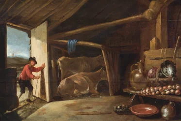 Interior de un granero con un vaquero entrando y bodegón de verduras y vasijas de cobre (óleo sobre tabla)