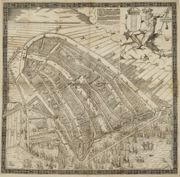 Alemán: Die berühmte Handelsstadt Amsterdam
Holandés: De vermaerde koopstadt van Amstelredam