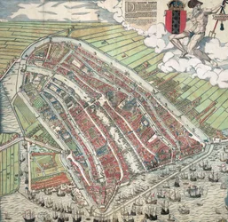 Alemán: Die berühmte Handelsstadt Amsterdam
Holandés: De vermaerde koopstadt van Amstelredam