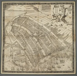 Alemán: Die berühmte Handelsstadt Amsterdam
Holandés: De vermaerde koopstadt van Amstelredam