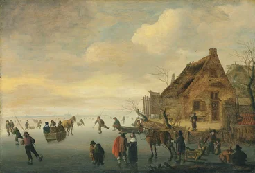 Paisaje invernal con trineos tirados por caballos y figuras patinando en un lago helado junto a un pueblo rural.