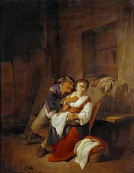 Viejo luchando con una joven en un interior ...