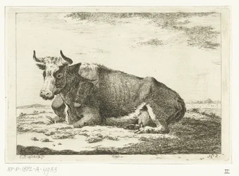 Paisaje con vaca acostada con cuernos Vacas (título de la serie)