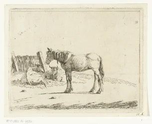paisaje con caballo y dos vacas en la cerca