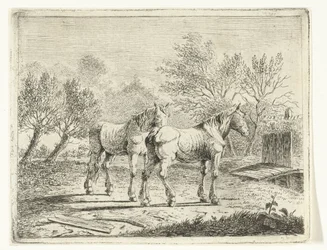 Paisaje de pasto con dos caballos cerca de un puente y una granja