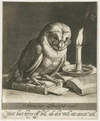 Búho con gafas y libros. Alrededor de 1625