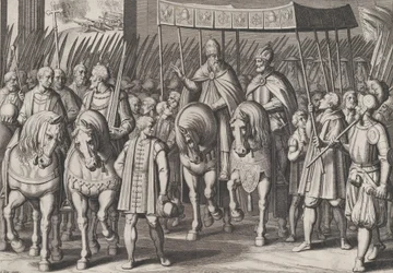 Placa 3: Carlos V Coronado Emperador entrando en Roma con el Papa, de los Triunfos de Charl...