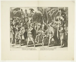 Triomfwagen van Karel V en Ferdinand, na de bevrijding van Wenen van de Turken, ca. 1532, núm. 7 Escenas uit het leven van Karel V (título de la serie) La vida del emperador Carlos V. en bellísimas tallas grabadas sobre los diseños del famoso A. Tempest