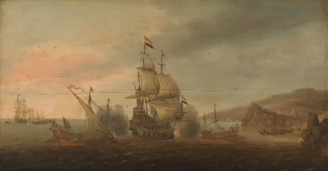 Batalla naval entre los hombres de guerra holandeses y las galeras españolas
