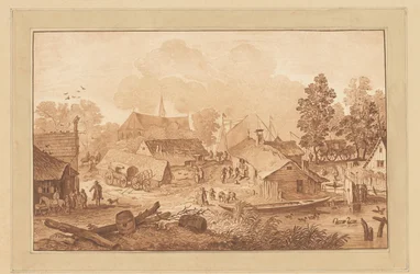 Escena de pueblo con estanque